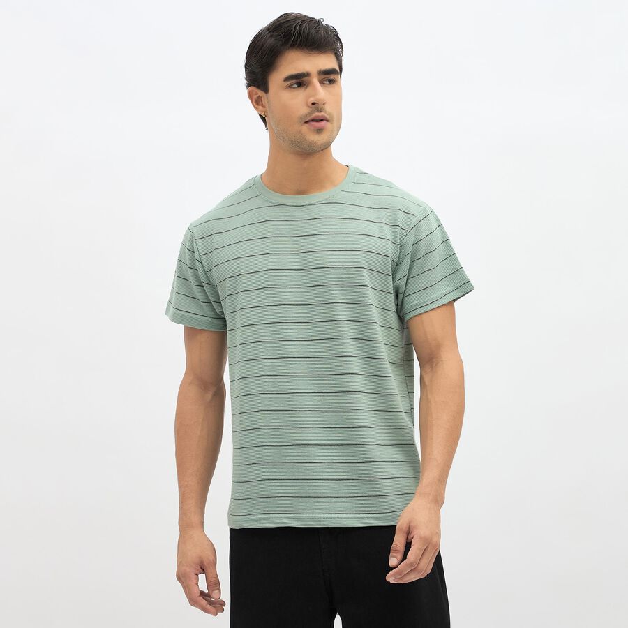 Men's Light Sage Green Round Neck Striped T-Shirt, Light Green, large image number null