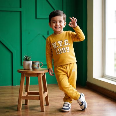 Boys' Mustard Crew Neck Graphic Print Baba Suit