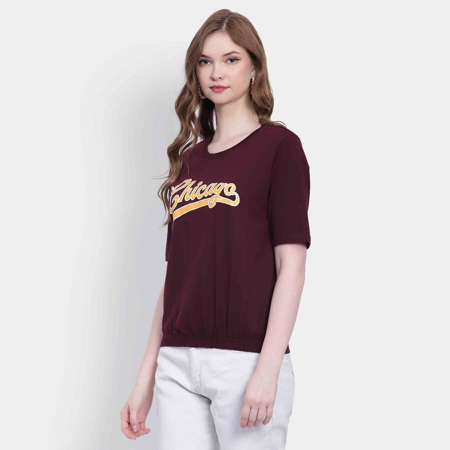 Printed Round Neck T-Shirt, Wine, large image number null
