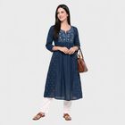 Women's Navy Blue Cotton Notch Neck Embroidered Kurta, Navy Blue, small