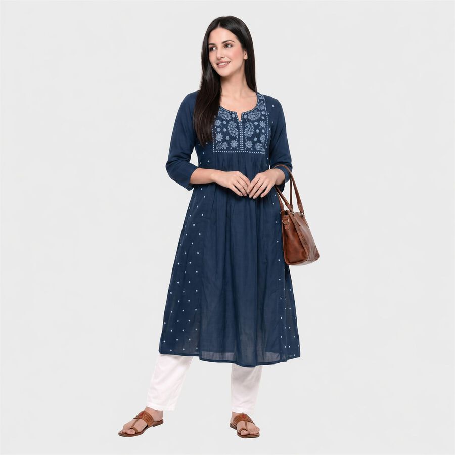 Women's Navy Blue Cotton Notch Neck Embroidered Kurta, Navy Blue, large