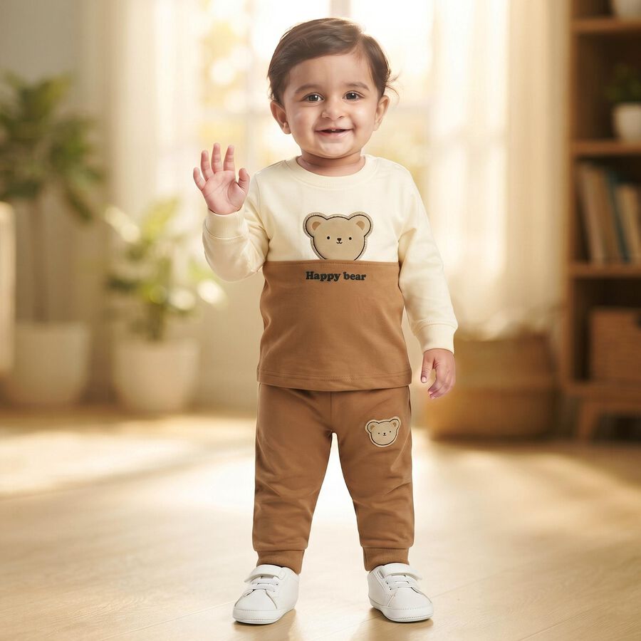 Infants' Beige 100% Cotton Round Neck Graphic Print Baba Suit, Beige, large