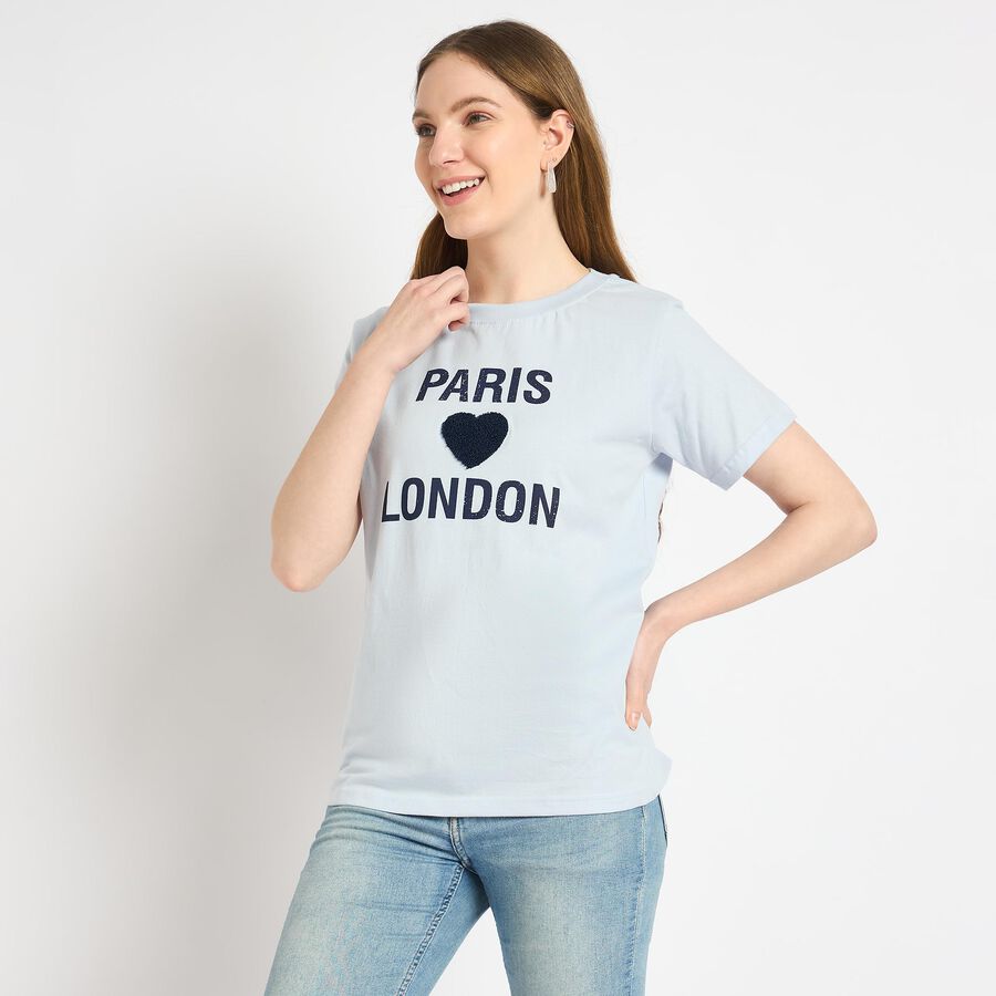 Ladies' 100% Cotton Round Neck T-Shirt , हल्का नीला, large