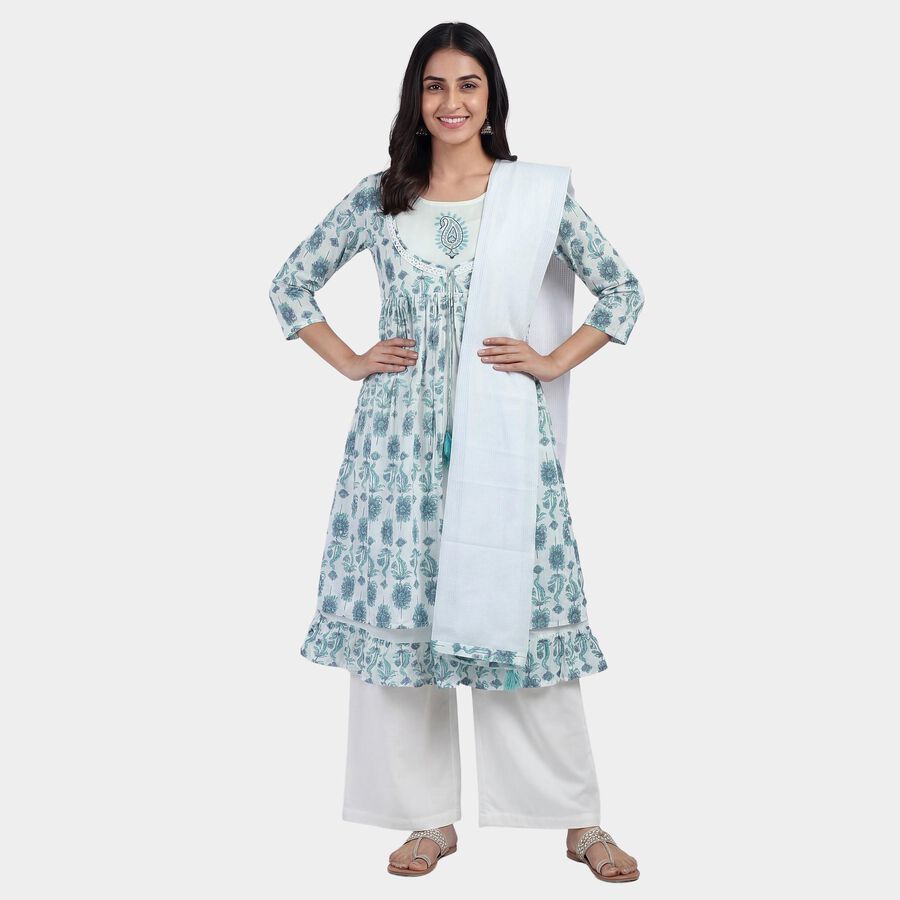 Women's White 100% Cotton Notch Neck Printed Kurta, Off White, large