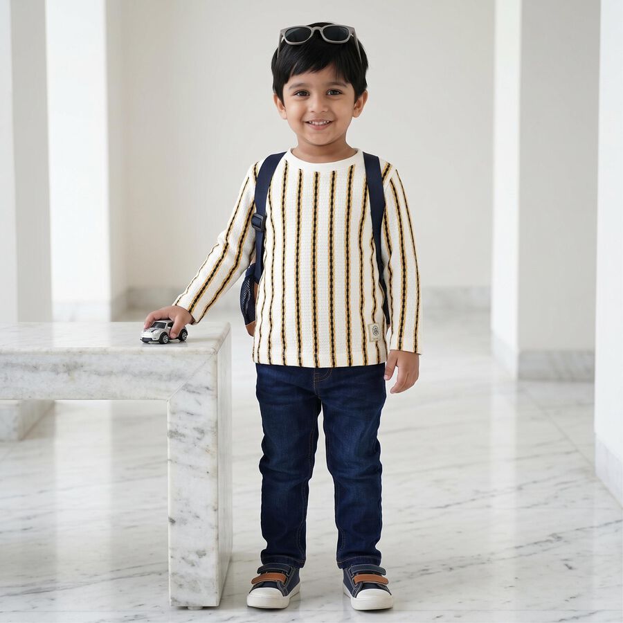 Boys White Crew Neck Regular Striped T-Shirt, White, large