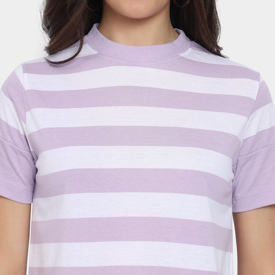 Ladies'  Stripes Round Neck T-Shirt, Lilac, large image number null