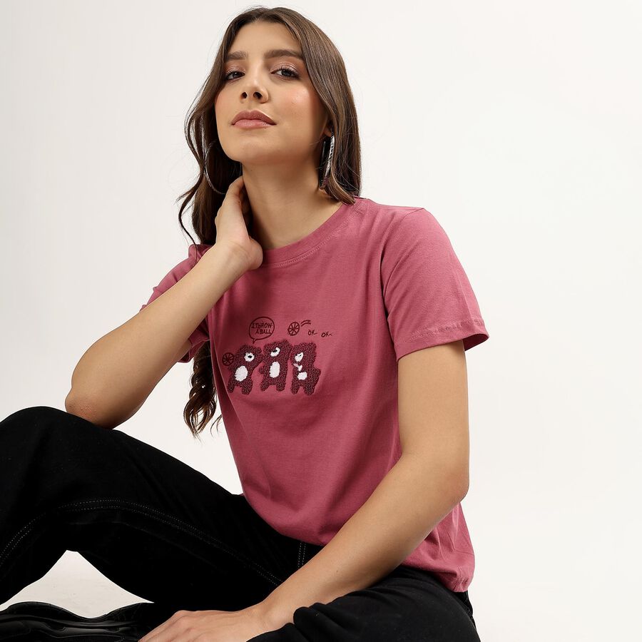 Ladies' 100% Cotton Round Neck T-Shirt , Pink, large image number null