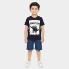 Boys Navy Blue 100% Cotton Crew Neck Graphic Print Baba Suit, नेवी ब्लू, small