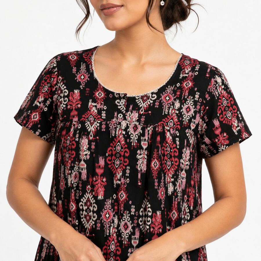 Women's Black Round Neck Maxi Nighty, Black, large