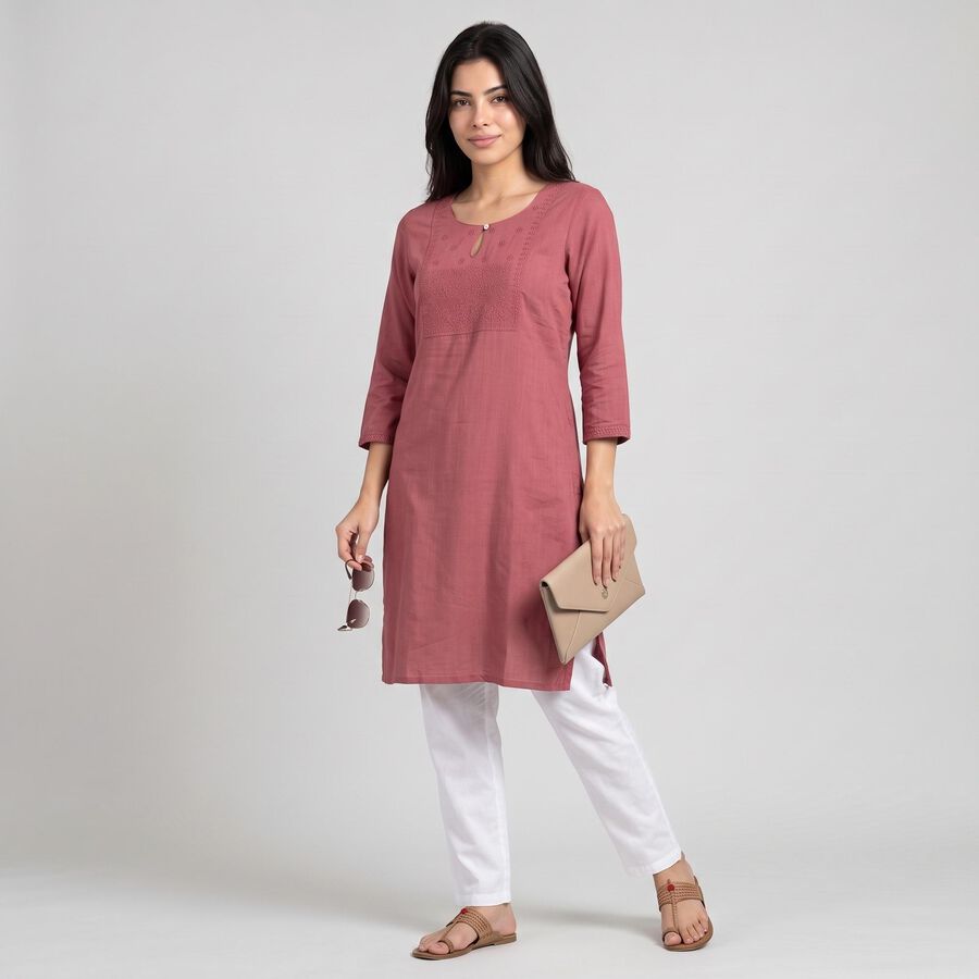 Women's Purple Keyhole Neck Embroidered Kurta, Purple, large