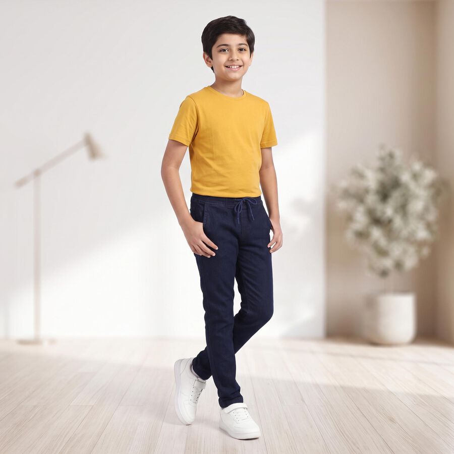 Boys Navy Blue Slim Fit Drawstring Waist Jeans, मध्यम नीला, large