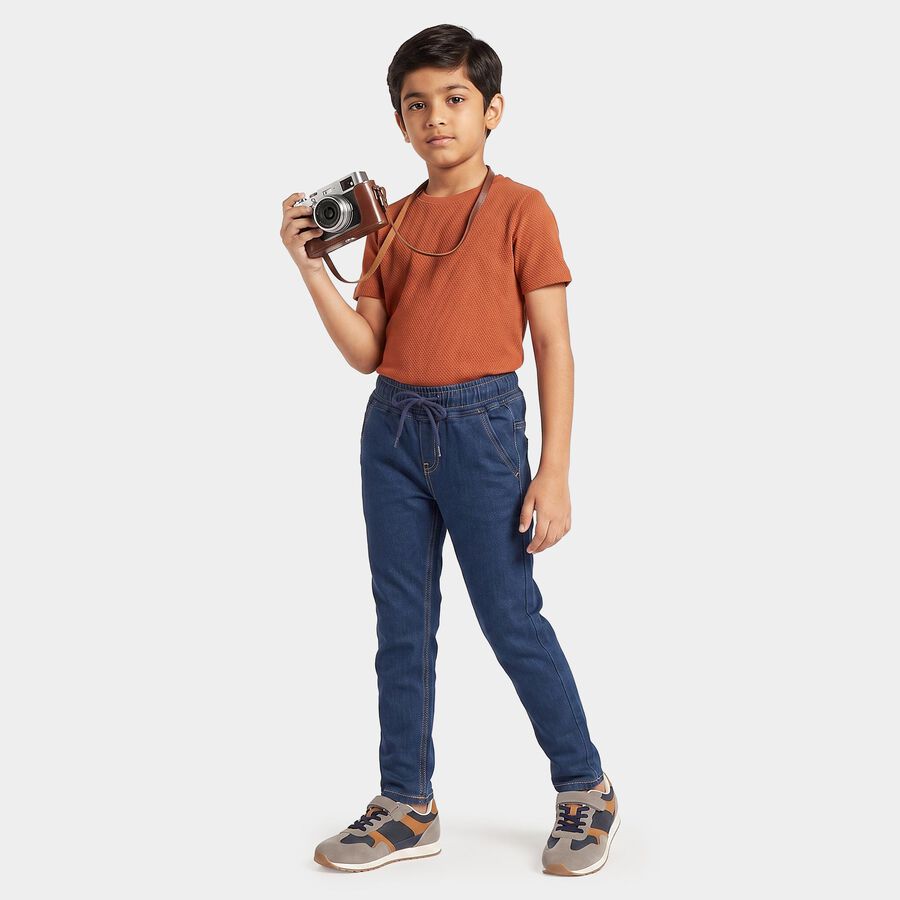 Boys' Navy Blue Slim Fit Drawstring Waist Jeans, Dark Blue, large