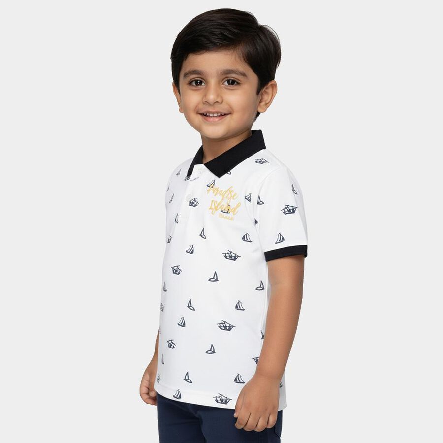 Boys' White Cotton Polo Neck Printed T-Shirt, White, large
