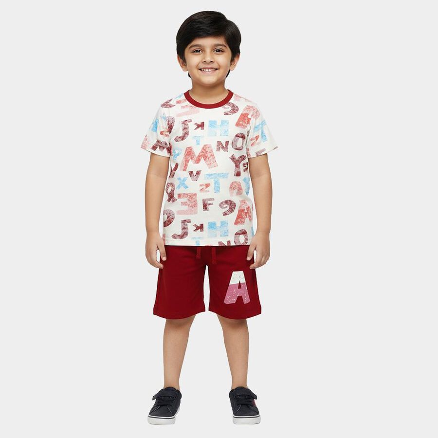 Boys' Off White and Maroon Cotton Round Neck Alphabet Printed Baba Suit, ऑफ व्हाइट, large