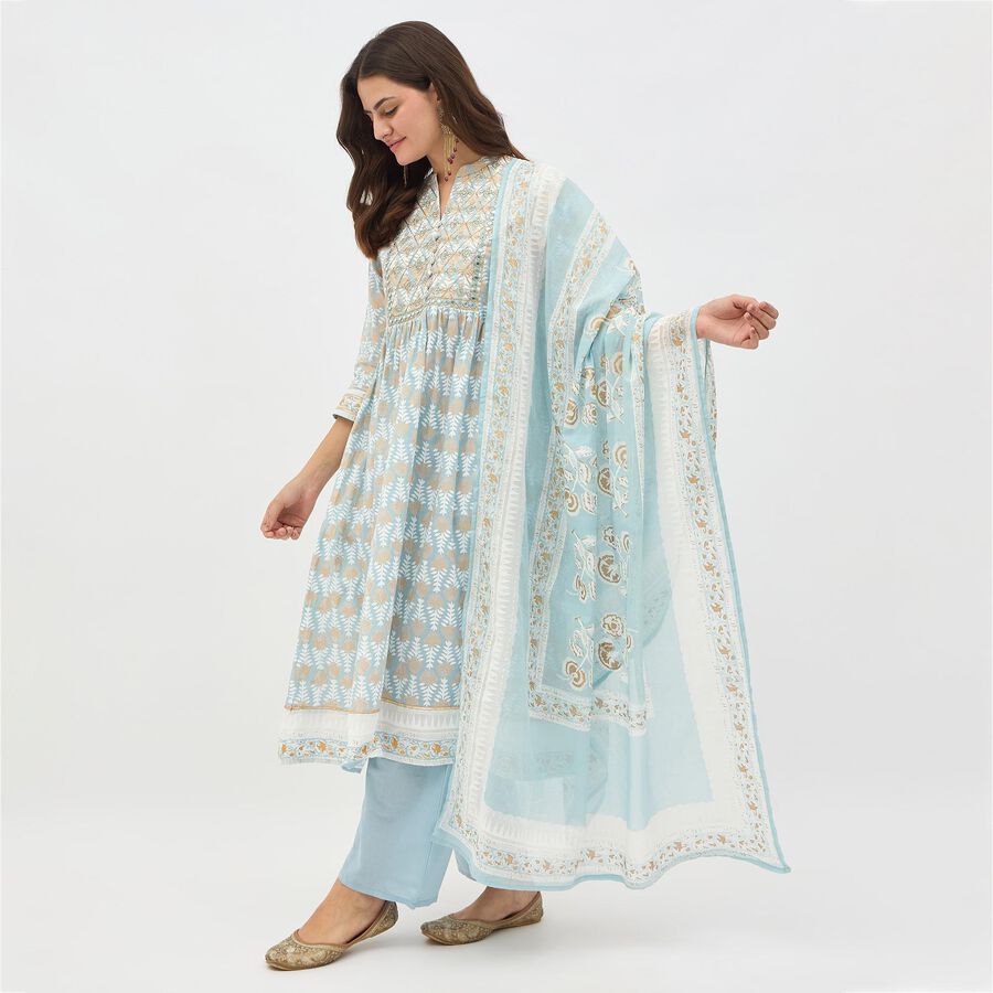 Women's Light Blue Cotton Round Neck Embroidered Kurta, Light Blue, large image number null