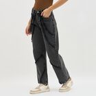 Women's Washed Black High-Rise Straight Fit Distressed Jeans, गहरा ग्रे, small image number null