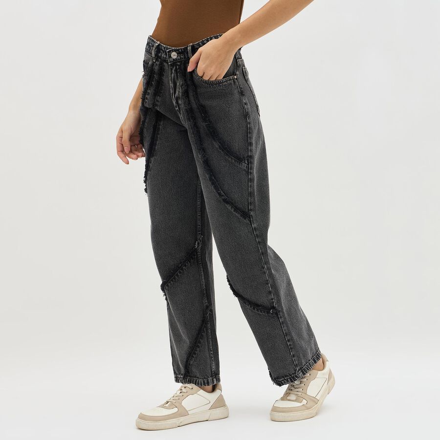 Women's Washed Black High-Rise Straight Fit Distressed Jeans, गहरा ग्रे, large image number null