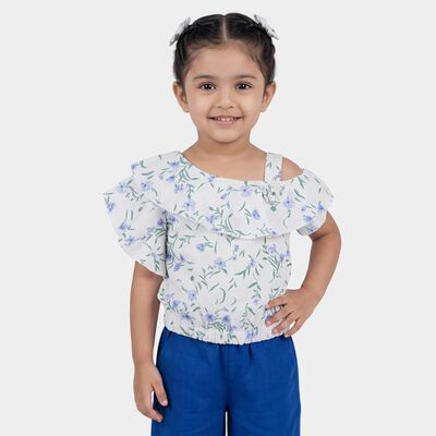 Girls White Off-Shoulder Floral Printed T-Shirt
