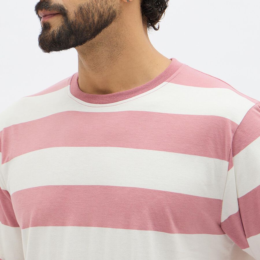 Men's Light Pink and White Crew Neck Casual T-Shirt, Light Pink, large image number null