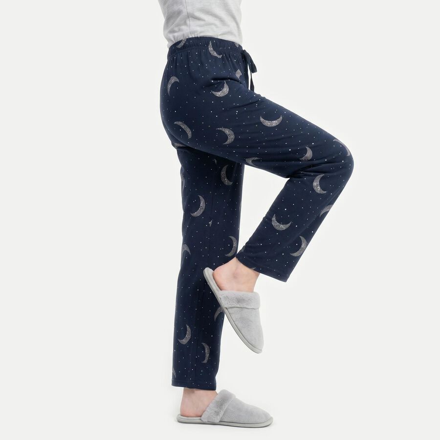 Women's Navy Blue Straight Fit Moon Print Pyjama, Navy Blue, large