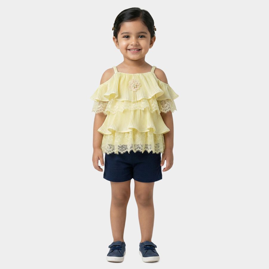 Girls Yellow Round Neck Casual T-Shirt, Yellow, large