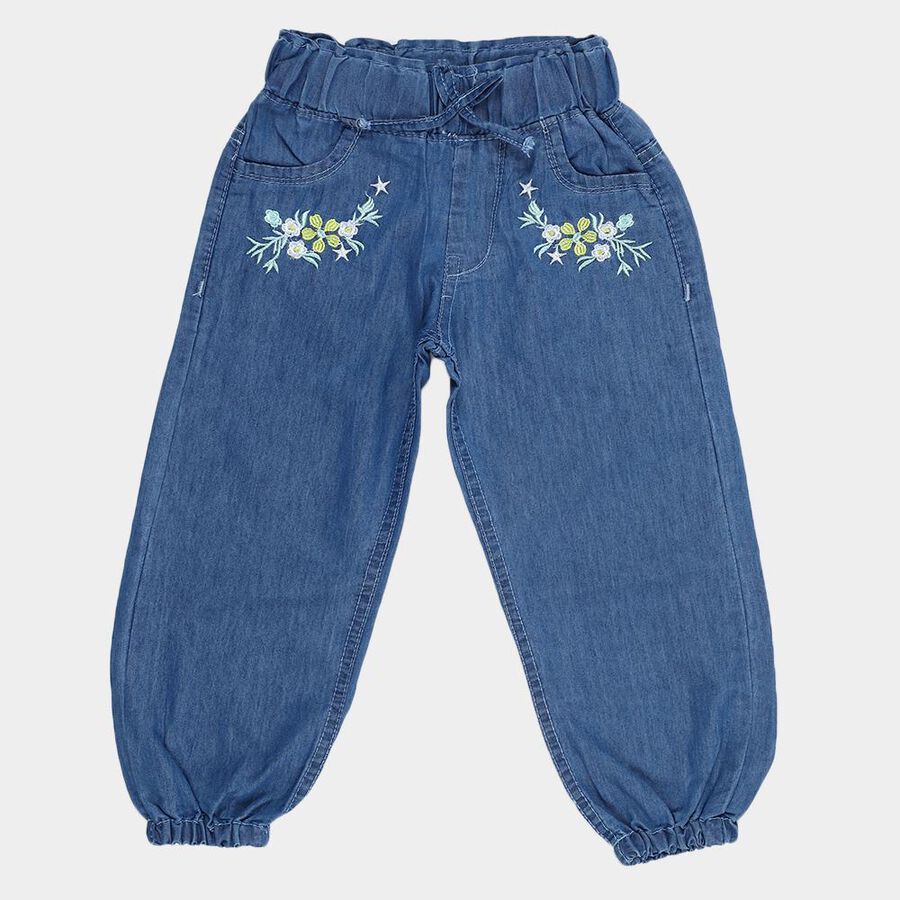 Girls' Muted Denim Blue Relaxed Fit Embroidered Jeans, Mid Blue, large image number null