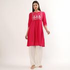Women's Fuchsia White Cotton Notch Neck Printed Kurta, रानी (फ्यूशिया), small