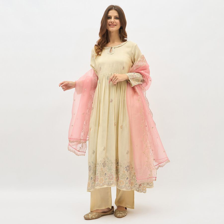 Women's Eggshell White Keyhole Neck Embroidered Kurta, Off White, large image number null