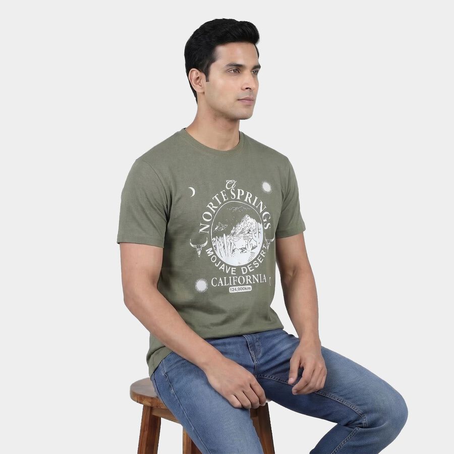 Men's Lime Green Round Neck Casual T-Shirt, Light Green, large