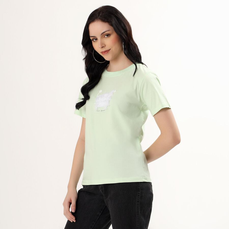 Women's Light Sage Green Cotton Round Neck Casual T-Shirt, Light Green, large image number null