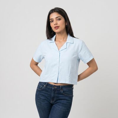 Women Light Blue Camp Collar Shirt