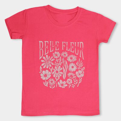 Girls' Bright Pink Cotton Blend Round Neck Casual T-Shirt