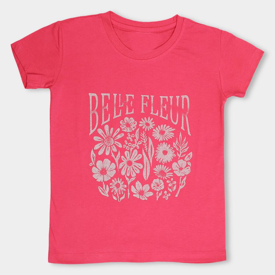 Girls' Bright Pink Cotton Blend Round Neck Casual T-Shirt, रानी (फ्यूशिया), large