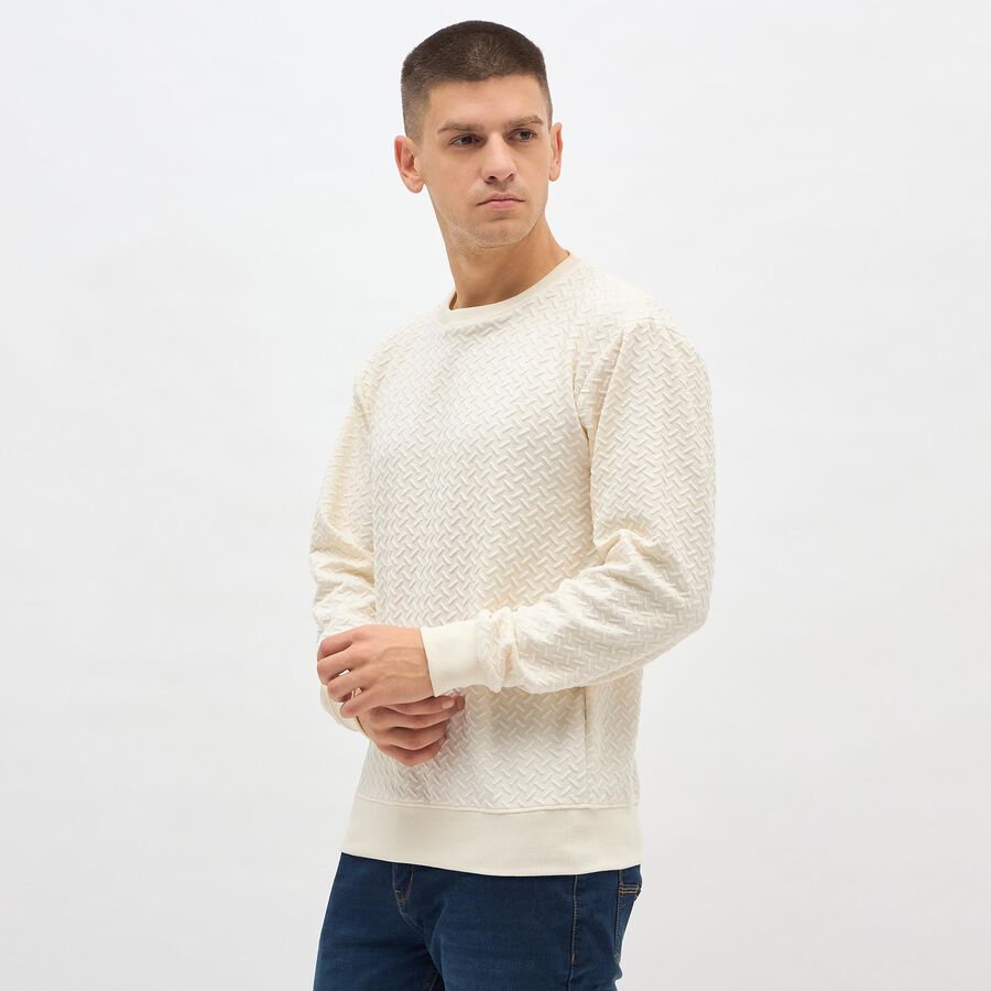 Men's Soft Eggshell White Crew Neck Textured Sweatshirt, Ecru Melange, large image number null