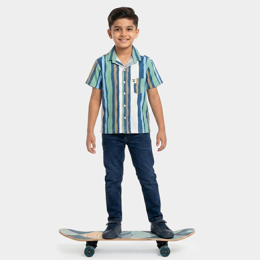 Boys' Green Cotton Camp Collar Casual Shirt, Light Green, large