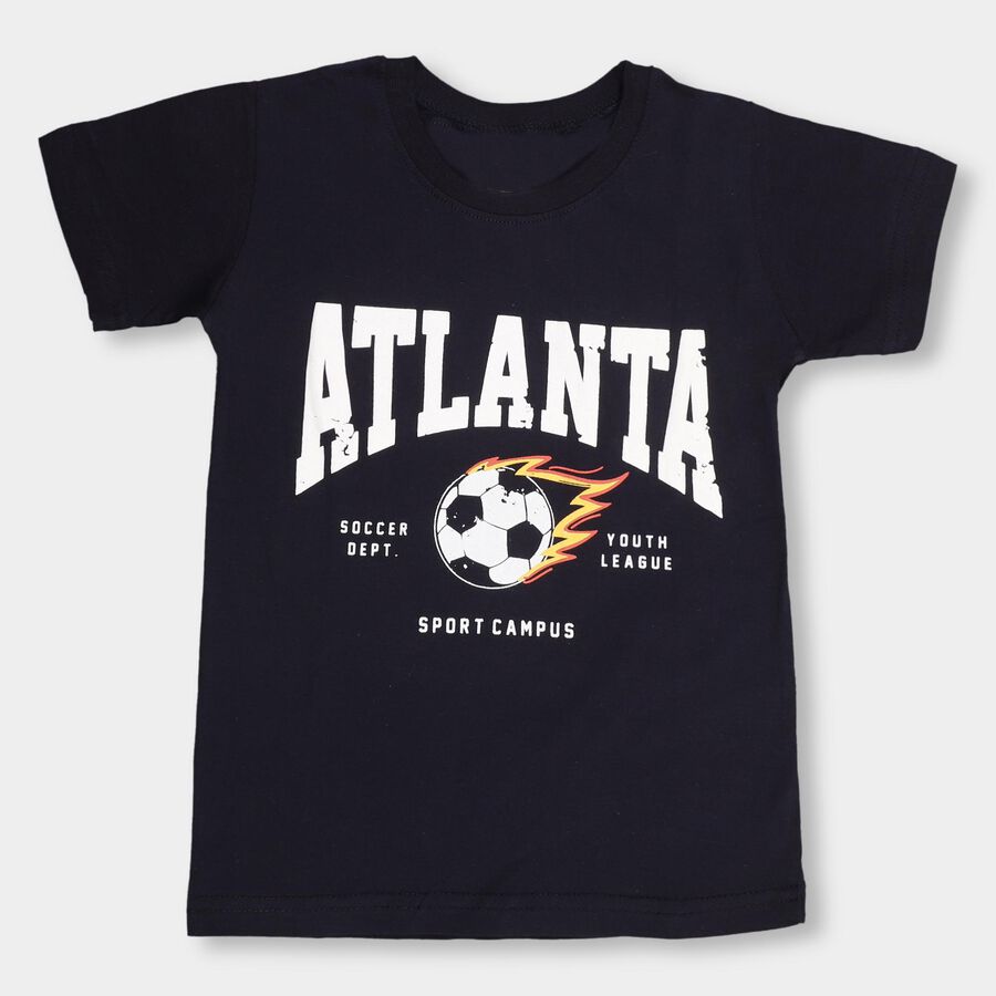 Boys' Navy Blue Cotton Round Neck Printed T-Shirt, Navy Blue, large image number null
