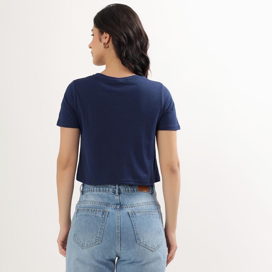 Women's Deep Midnight Navy Blue Round Neck Crop Top, Navy Blue, large image number null