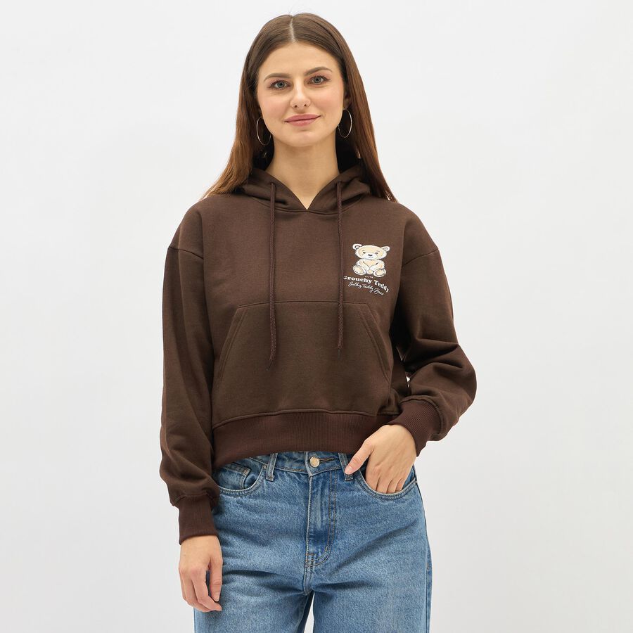 Women's Dark Chocolate Brown Hooded Neck Casual Sweatshirt, Brown, large image number null