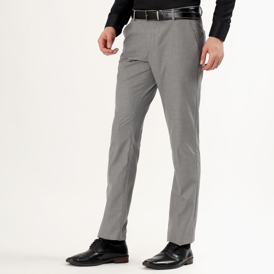 Men's Light Grey Slim Fit Flat-Front Formal Trousers, Light Grey, large