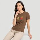 Women's Brown Cotton Round Neck Regular T-Shirt, Brown, small