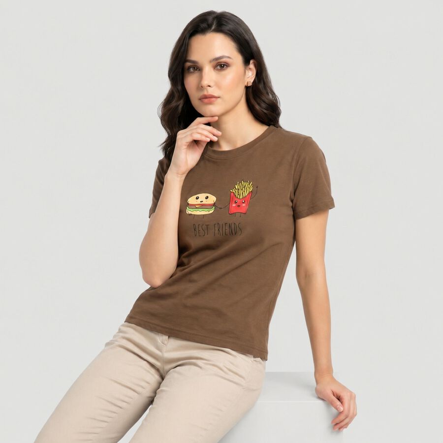 Women's Brown Cotton Round Neck Regular T-Shirt, Brown, large