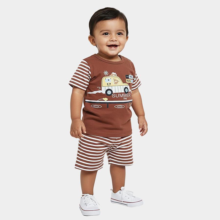 Infants' Brown 100% Cotton Round Neck Graphic Printed Baba Suit, Brown, large