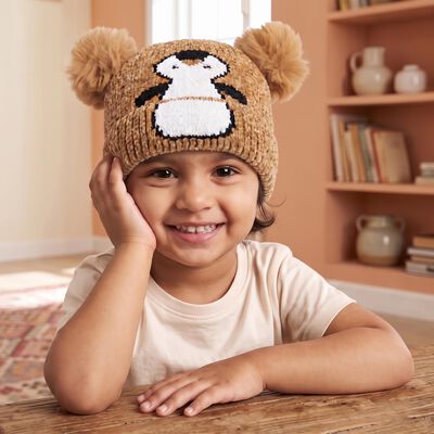 Girls Brown Penguin Applique Beanie Cap