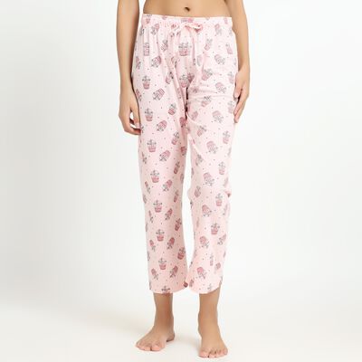 Ladies' Soft Pink Printed Cotton Blend Full-Length Pyjama