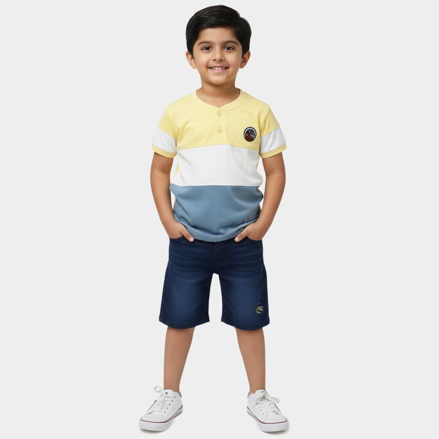 Boys' Yellow Cotton Round Neck Color-Blocked Baba Suit, Yellow, large