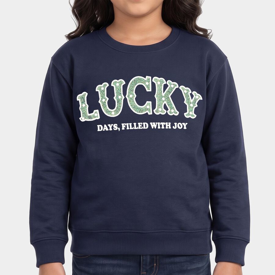 Girls' Navy Blue Crew Neck Pullover Sweatshirt, नेवी ब्लू, large