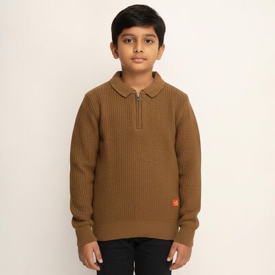 Boys Warm Brown Zip Neck Casual Pullover