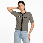 Women's Black Round Neck Striped Regular Top, काला, small
