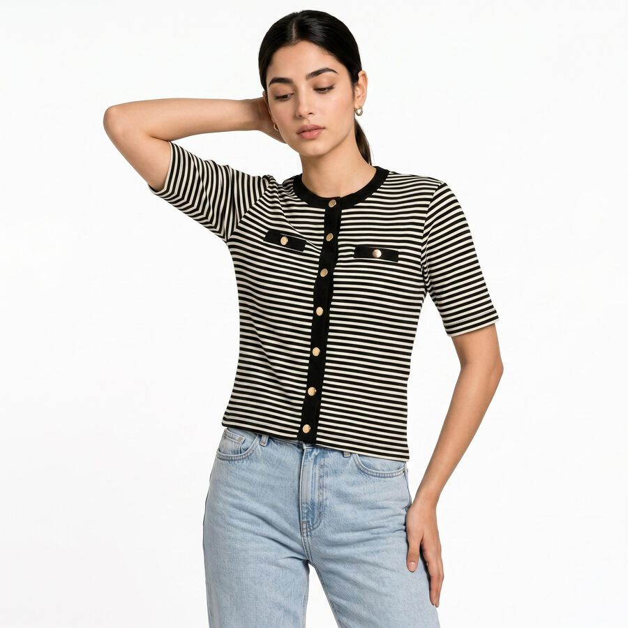 Women's Black Round Neck Striped Regular Top, काला, large