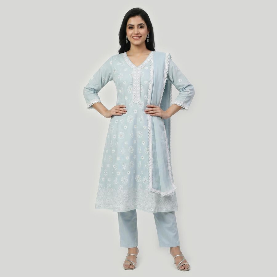 Women's Light Blue Embroidered Ethnic Set, हल्का नीला, large